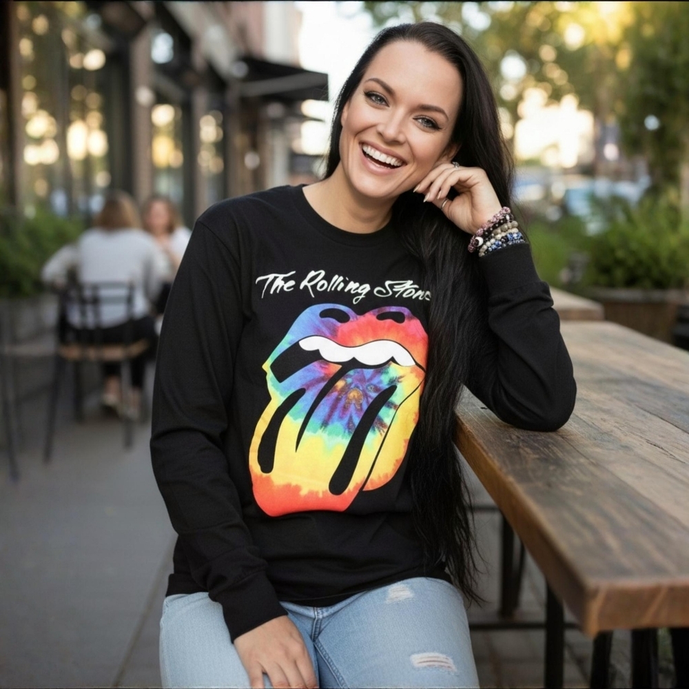 Fashion Nova Rolling Stones Tie Dye Graphic Long Sleeve Boyfriend Tee Top Sz S - Picture 2 of 8